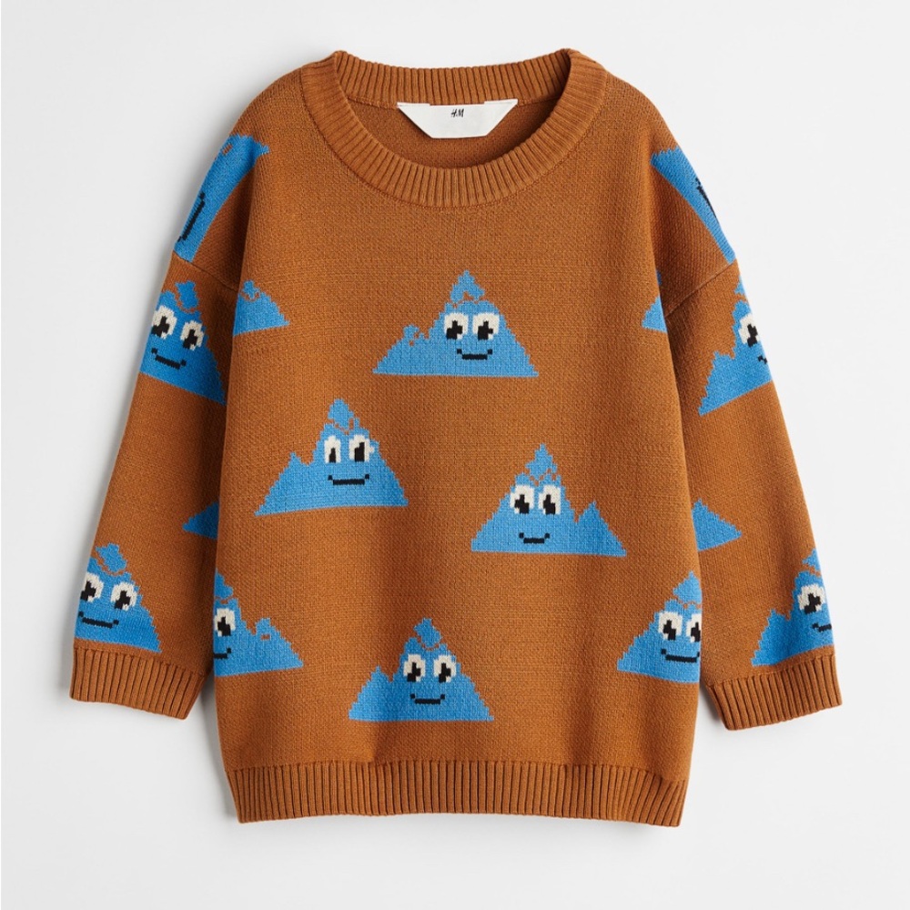 Sz5T/6 H&M jacquard knot boys sweater round neck long sleeve brown/mountains